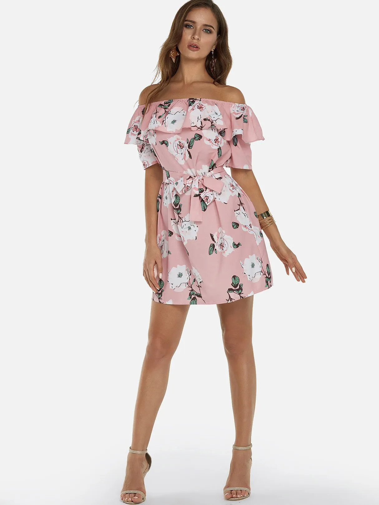 Wholesale Off The Shoulder Short Sleeve Floral Print Backless Self-Tie Flounced Hem Dresses