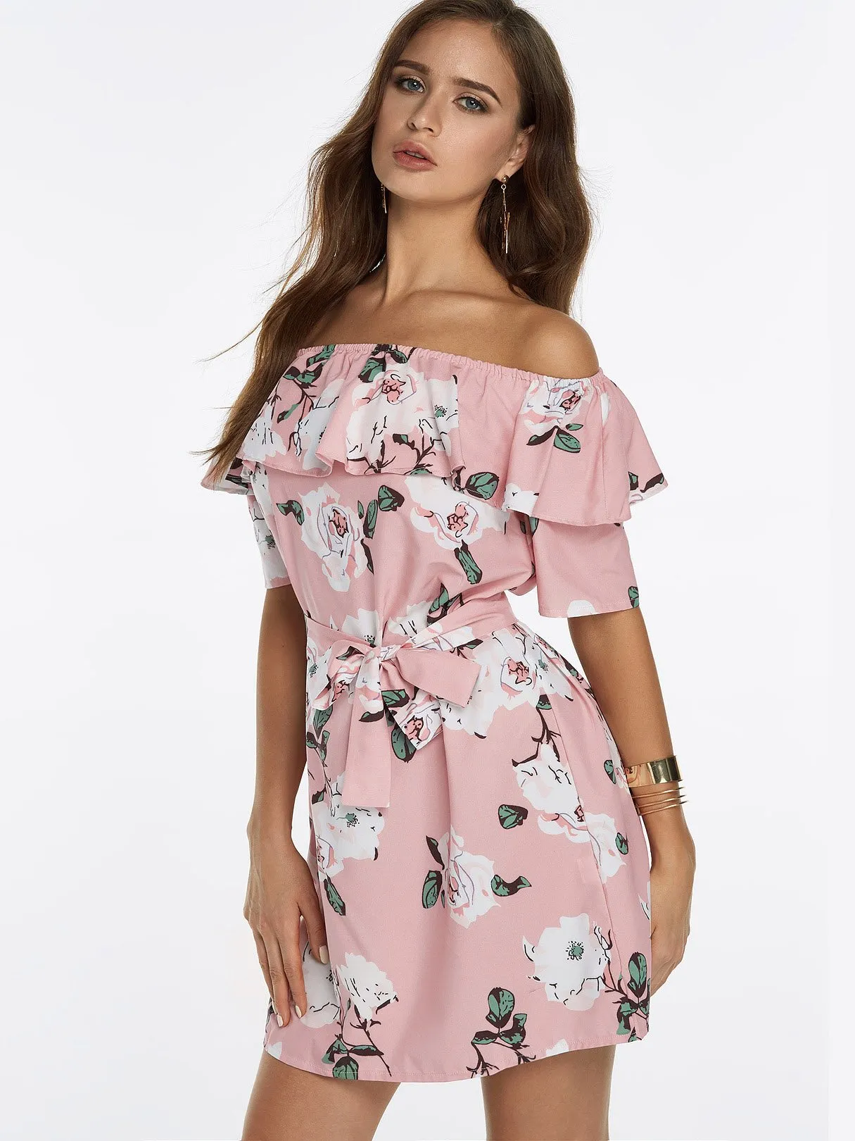 Wholesale Off The Shoulder Short Sleeve Floral Print Backless Self-Tie Flounced Hem Dresses