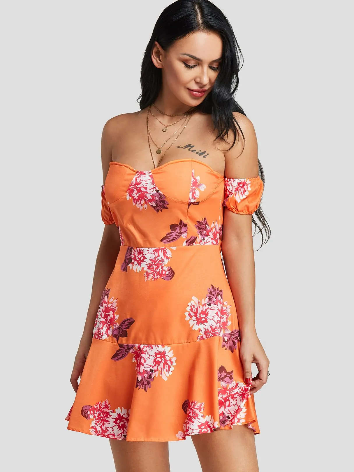 Wholesale Orange Strapless Short Sleeve Floral Print Flounced Hem Dresses