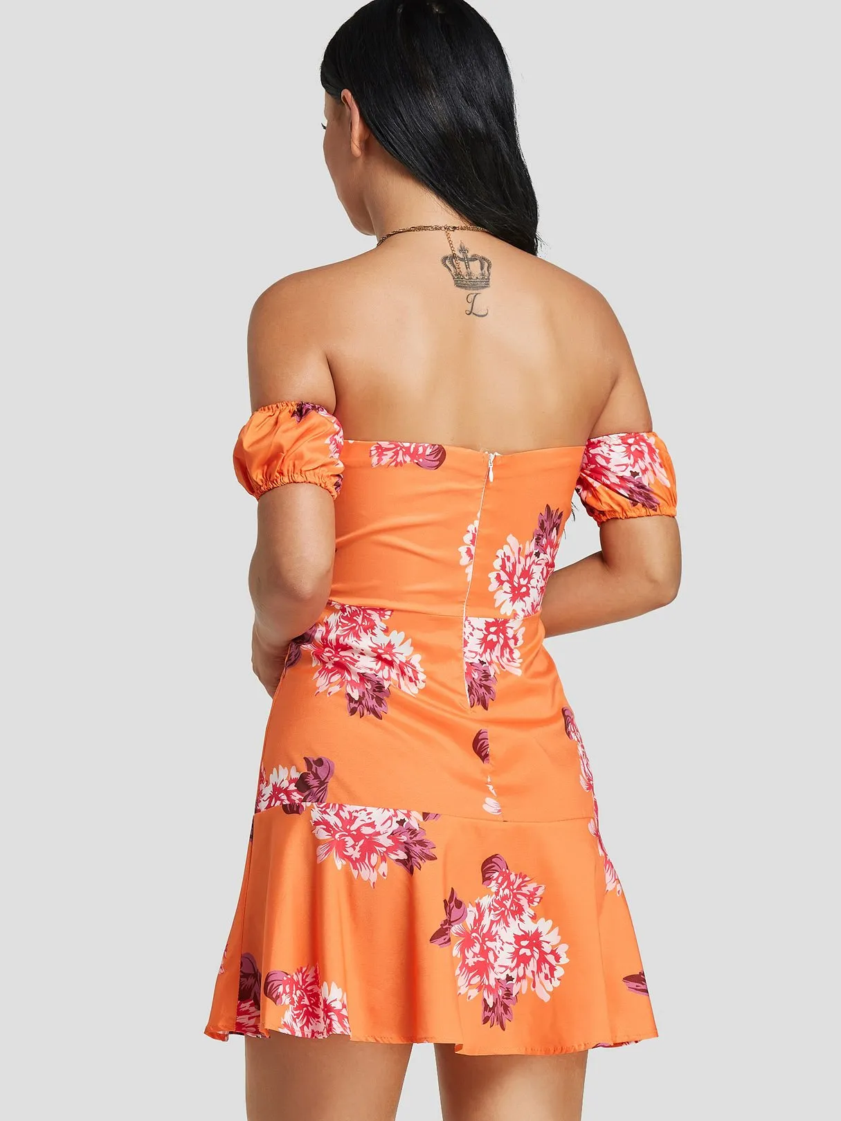 Wholesale Orange Strapless Short Sleeve Floral Print Flounced Hem Dresses