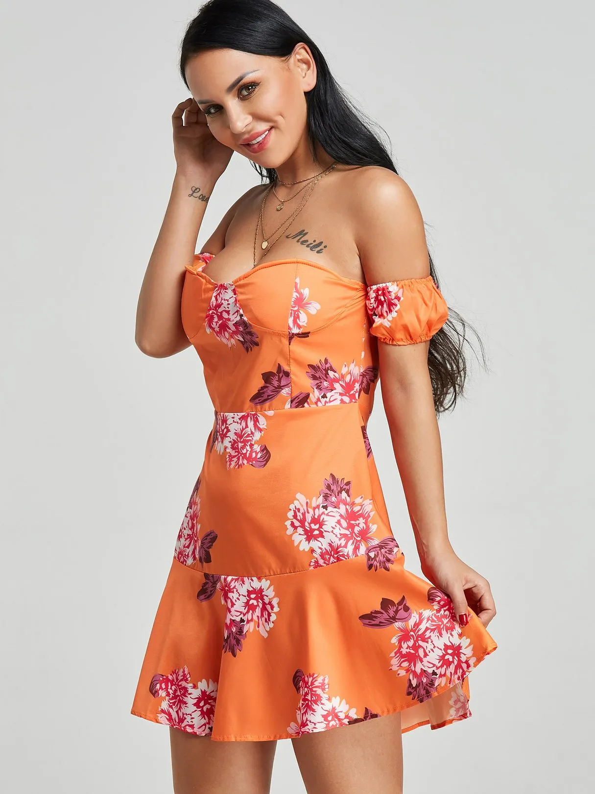 Wholesale Orange Strapless Short Sleeve Floral Print Flounced Hem Dresses