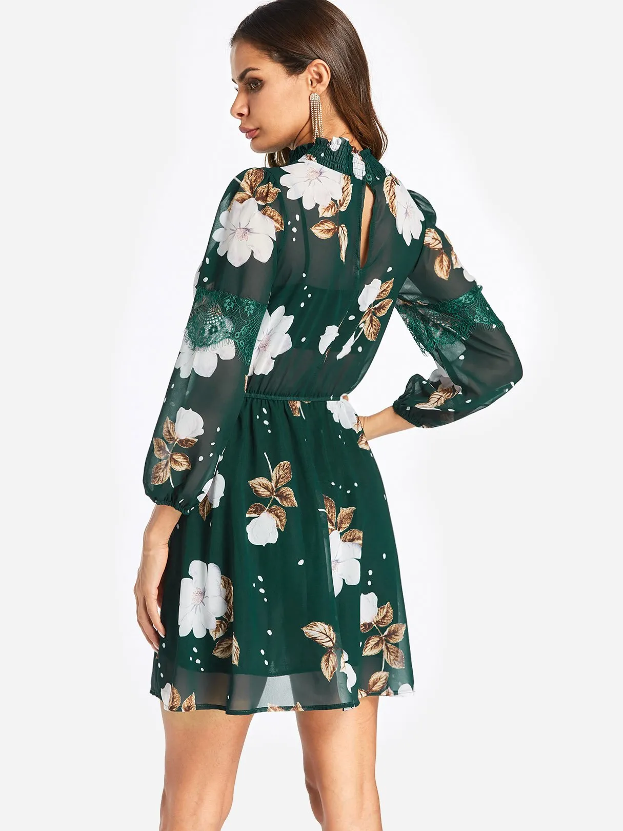 Wholesale Perkins Collar Floral Print Tiered Pleated See Through Long Sleeve Green Dresses