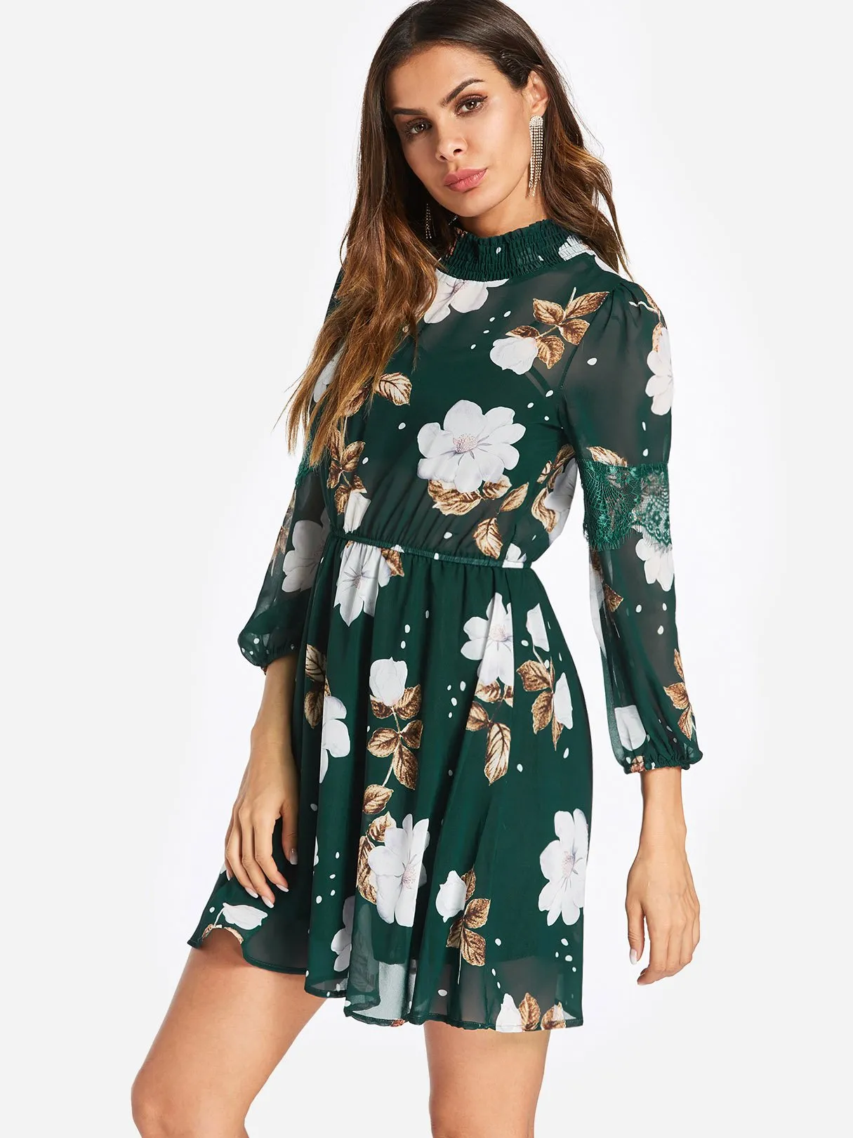 Wholesale Perkins Collar Floral Print Tiered Pleated See Through Long Sleeve Green Dresses