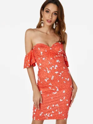 Wholesale Red Tube Top Short Sleeve Floral Print Backless Dresses