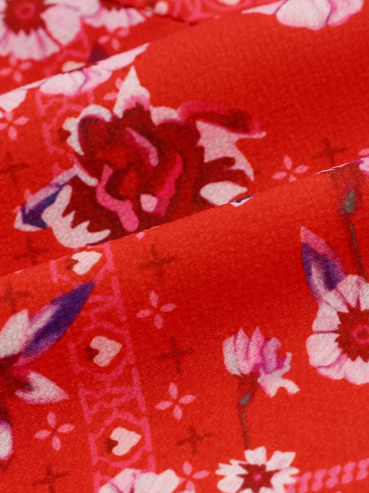 Wholesale Red V-Neck Long Sleeve Floral Print Ruffle Hem Dresses