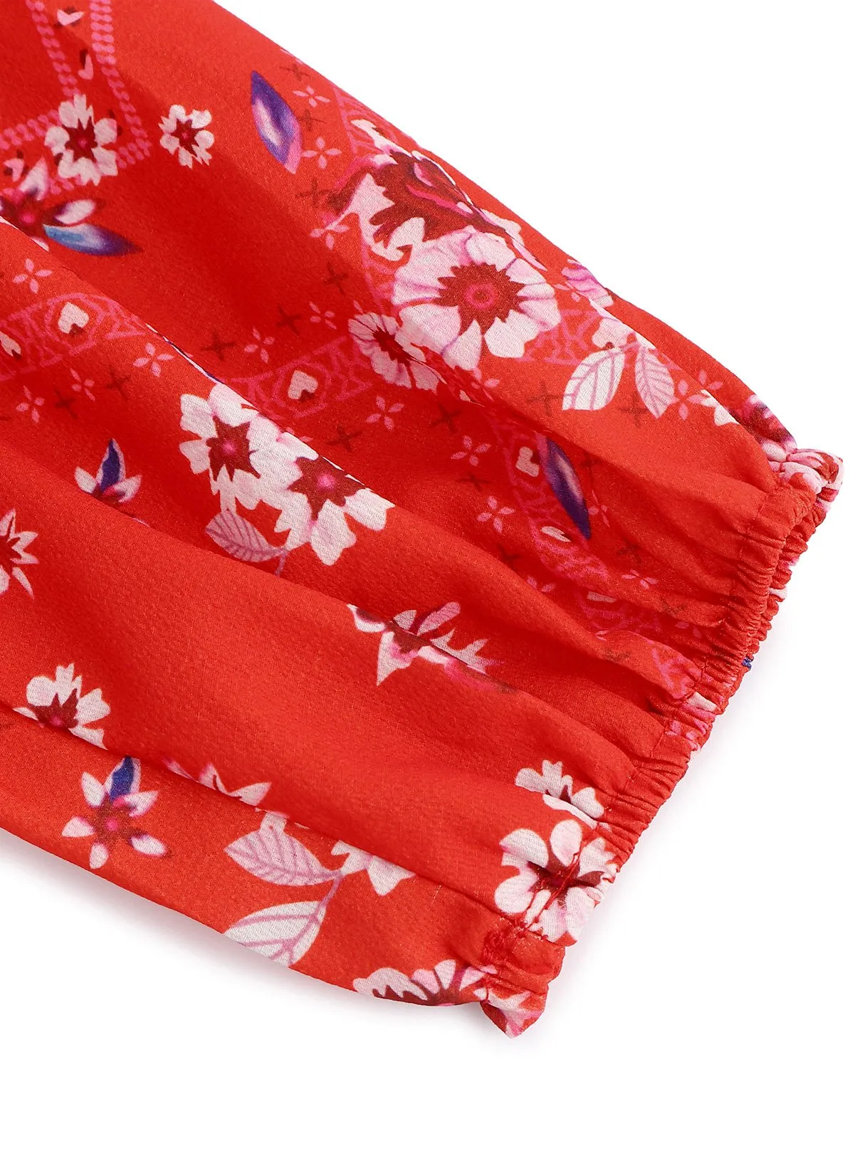 Wholesale Red V-Neck Long Sleeve Floral Print Ruffle Hem Dresses
