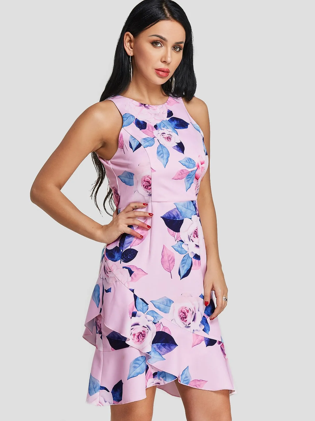 Wholesale Round Neck Floral Print Dress